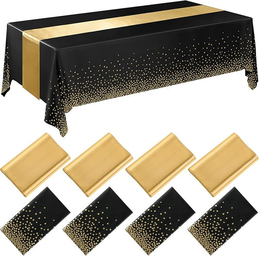Breling 8 Pack New Year Black and Gold Disposable Plastic Tablecloths
