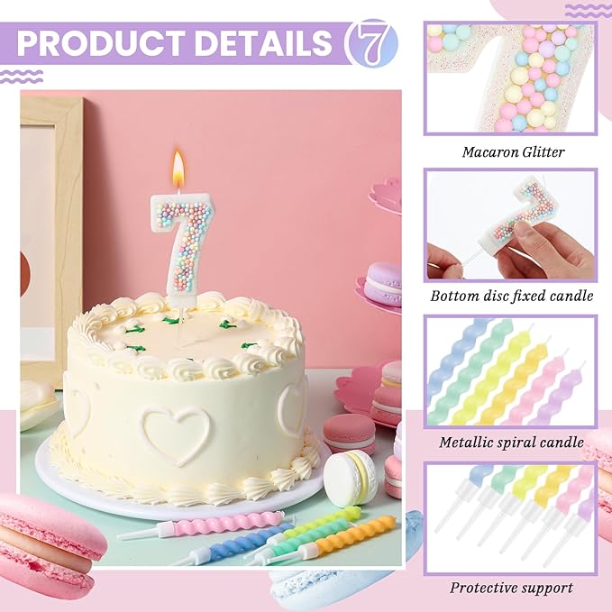 MTLEE Number 7 Birthday Candle with 12 Pcs Spiral Candles for Girls Ma