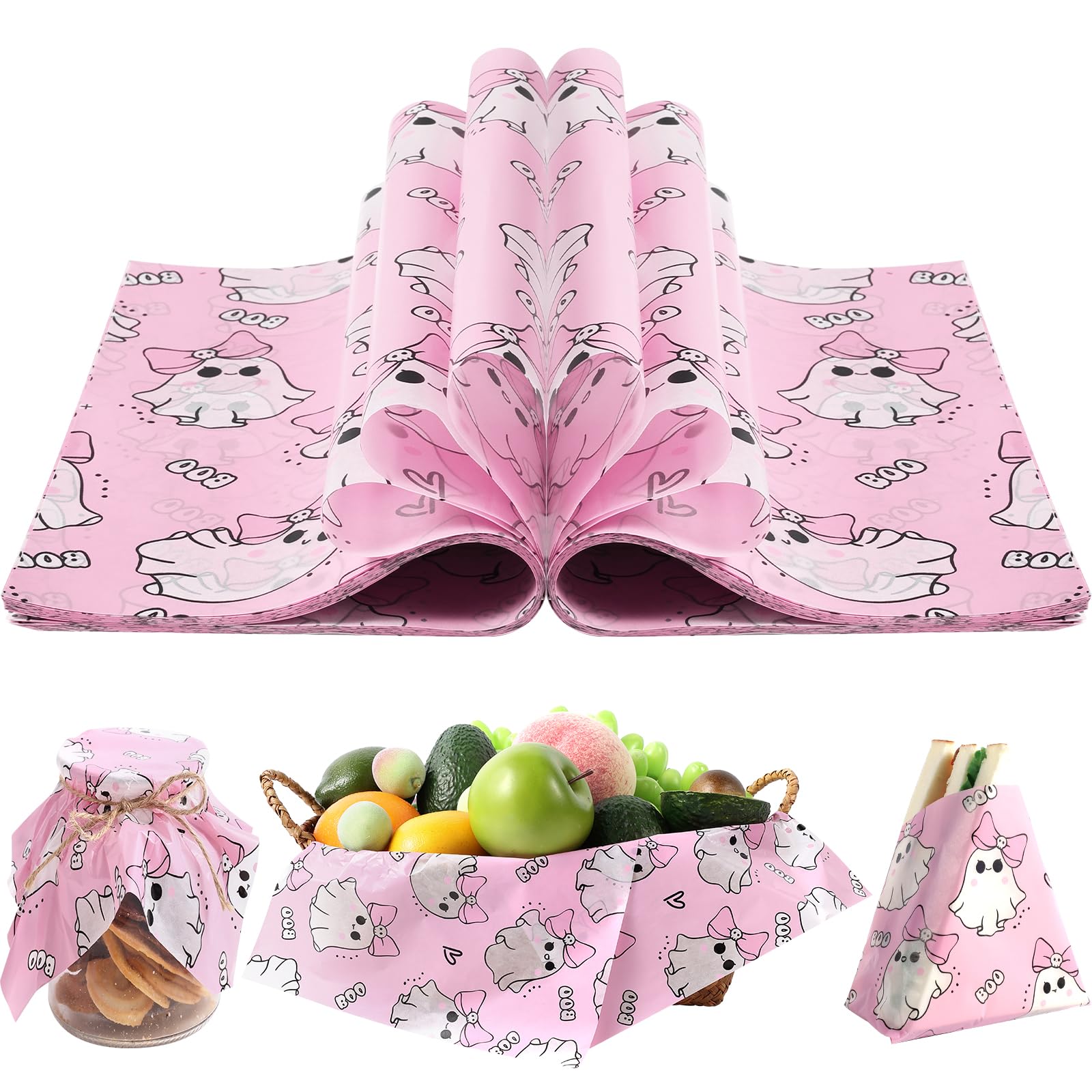 Fabllewavi 150 Pcs Pink Ghost Boo Wax Paper Sheets for Food Deli,