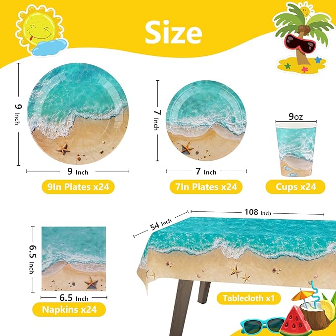 Beach Party Decorations Set for 24 Disposable Paper Plates and