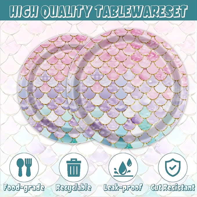 96Pcs Mermaid Birthday Party Decorations for 24 Guests Ocean Themed