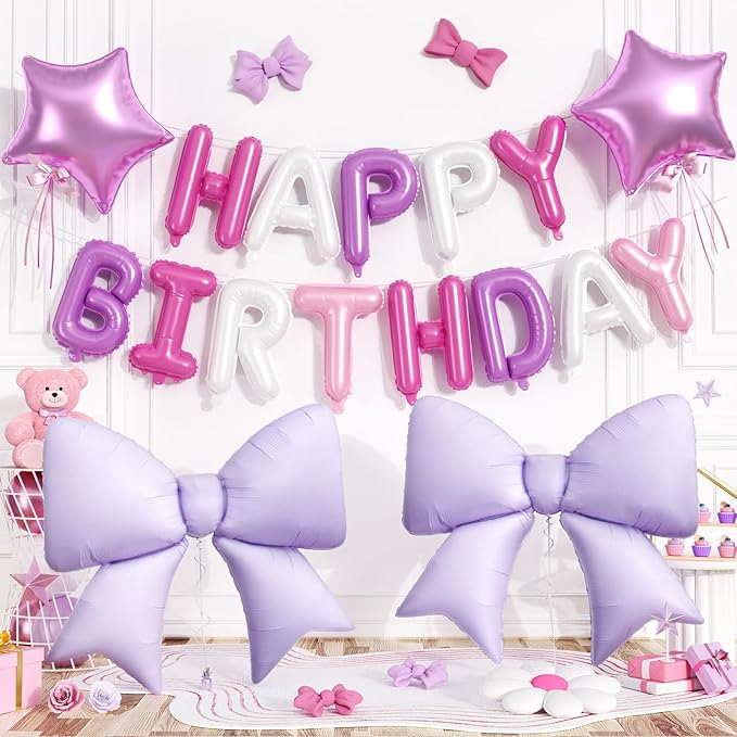 Pink Purple Happy Birthday Balloon, 38Inch Bow Aluminum Foil