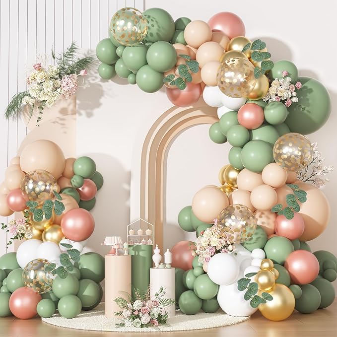 166Pcs Sage Olive Green Blush Peach Balloon Garland Arch Kit Orange