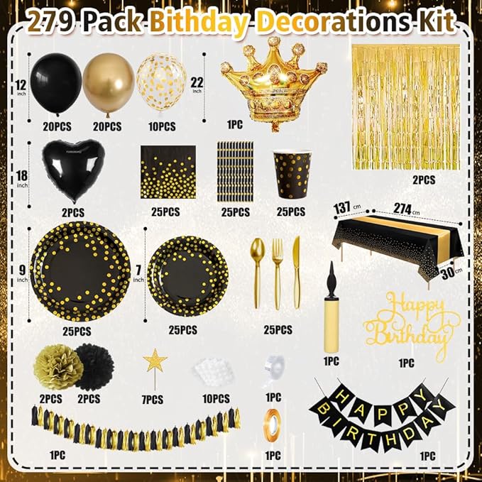 Gold and Black Party Decorations, 279Pcs Birthday Decorations Men