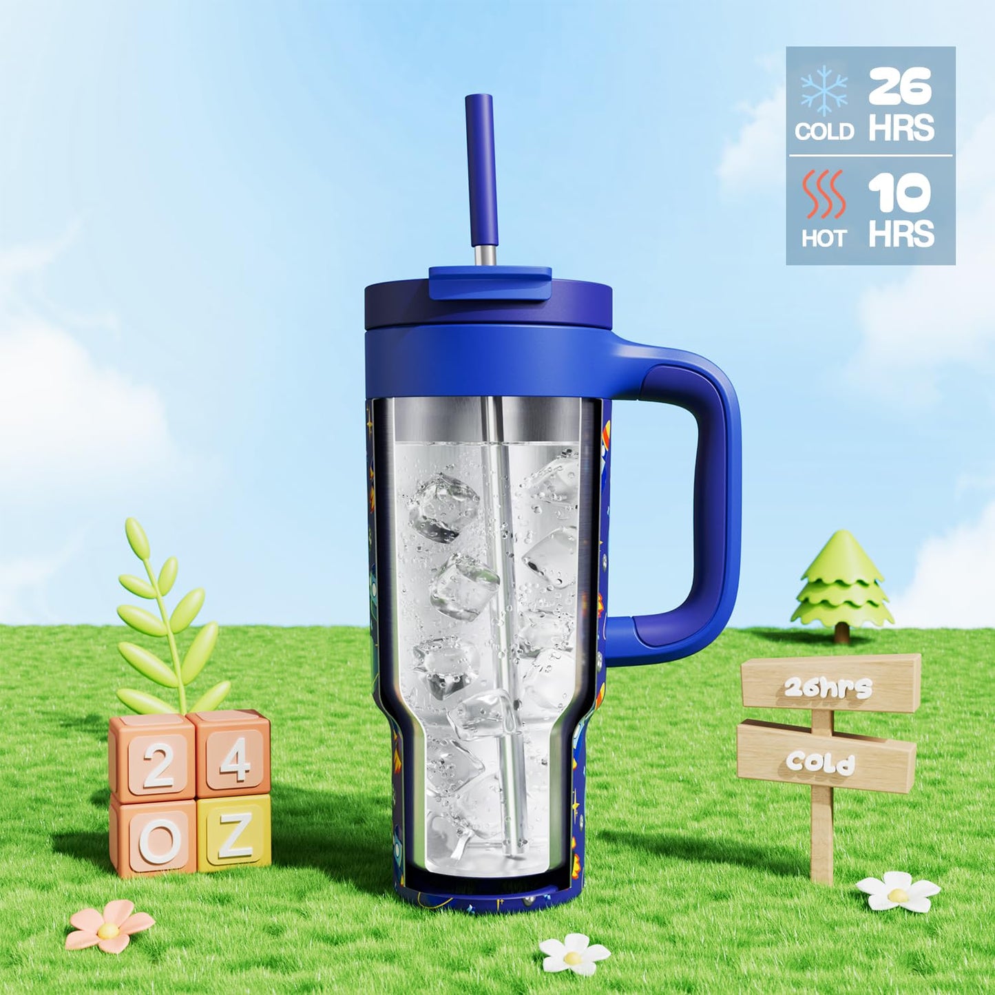 24 oz Stainless Steel Tumbler for Children: Durable Handle, Easy to