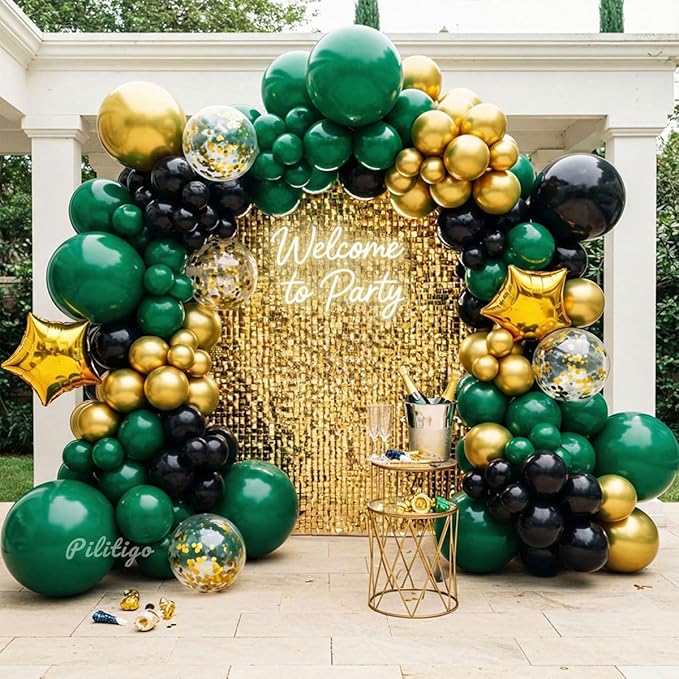 Double Stuffed Dark Green Black Gold Balloon Arch Kit 104Pcs Emerald