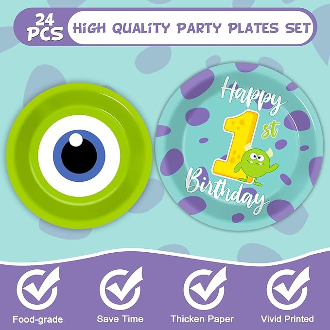 96Pcs Monster 1st Birthday Party Plates and Napkins Happy Monster