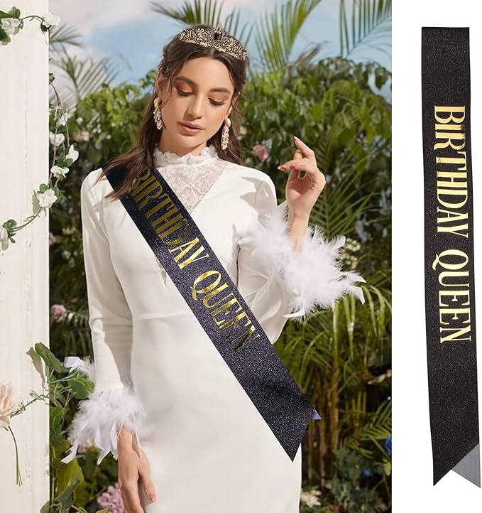 Black & Gold Party Decorations - Happy Birthday Crown Tiara Sash,