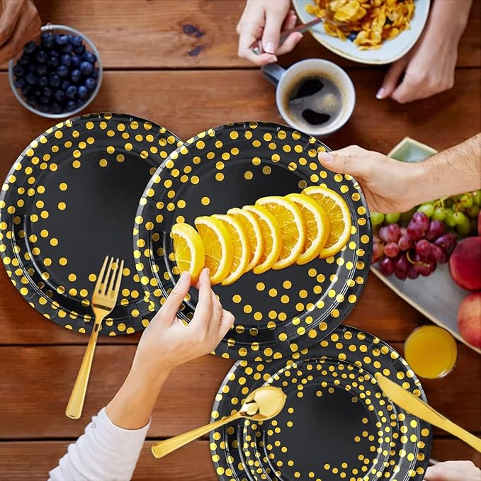 175 PCS Black and Gold Party Supplies,Gold Dot on Black Paper Plates