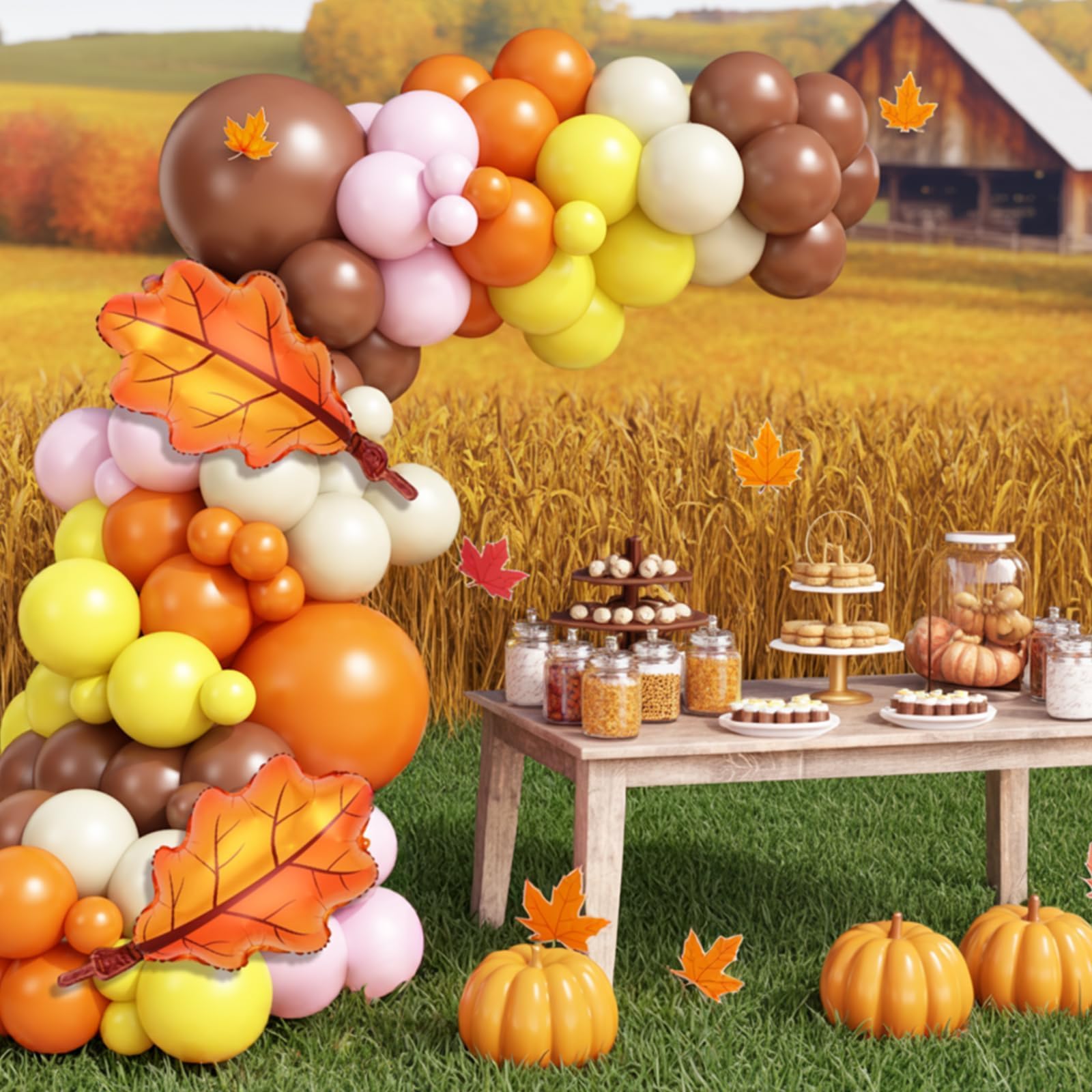 Fall Pink Balloons Garland Arch Kit, Orange Brown White Pink Yellow