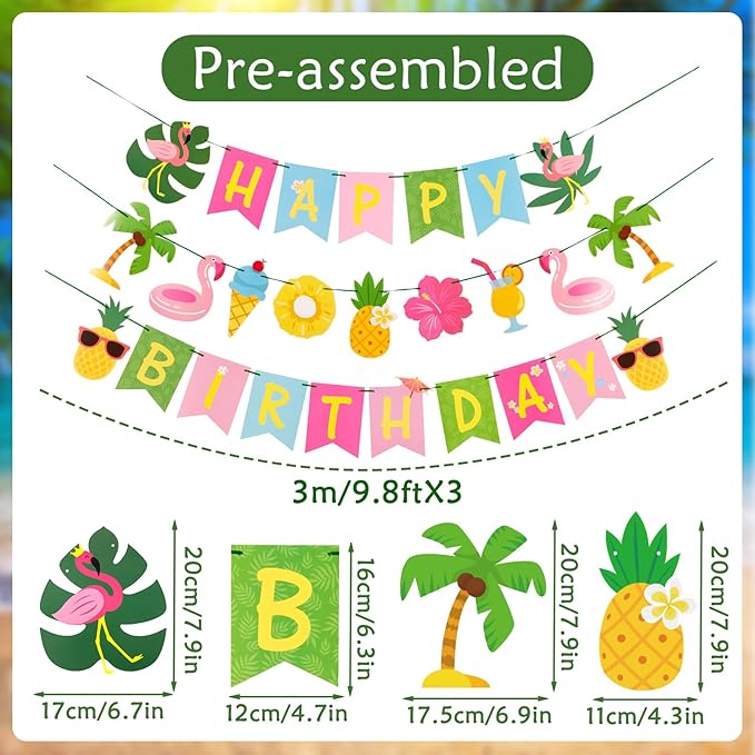 Hawaiian Happy Birthday Banner Tropical Luau Party Birthday Flamingo