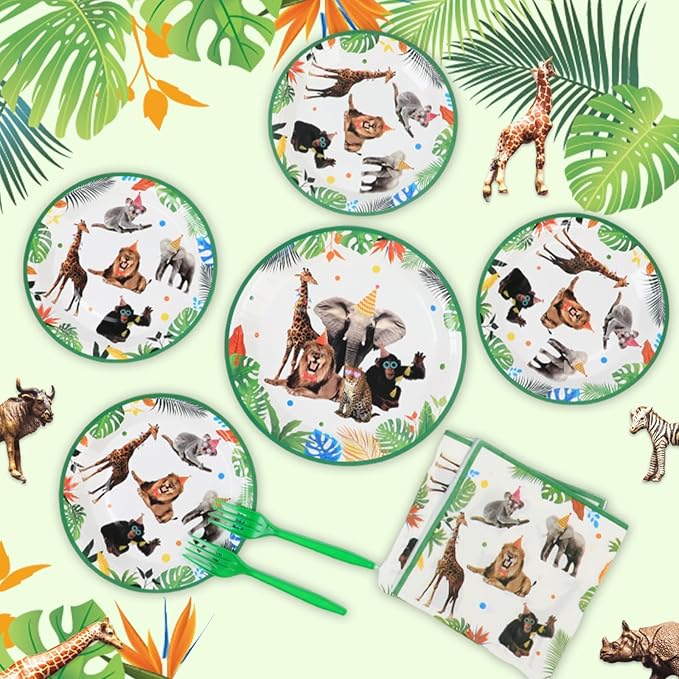 96Pcs Jungle Birthday Party Plates and Napkins Safari Animals Themed