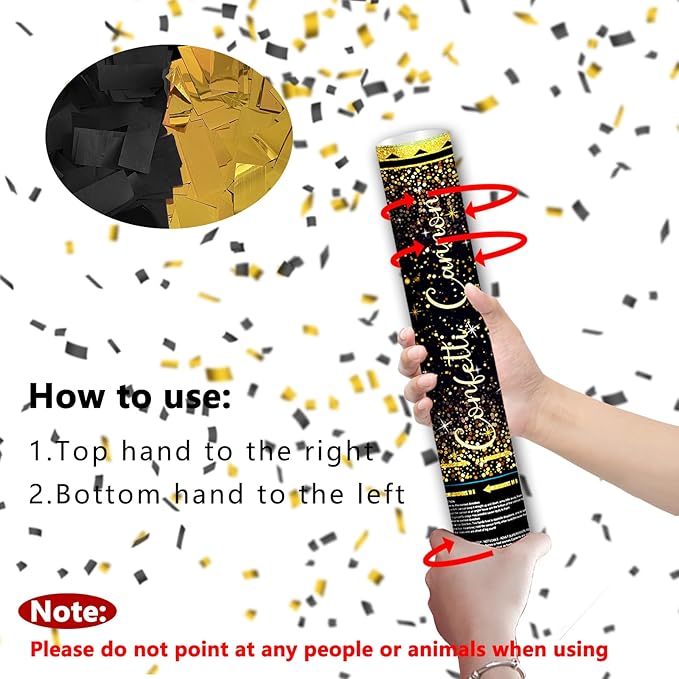 12" Black Gold Confetti Cannon Party Poppers for Birthday Graduation W