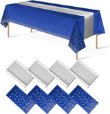 8Pack Disposable Plastic Tablecloths and Satin Table Runner Set Blue a