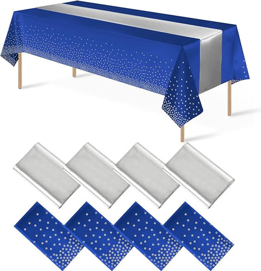 8Pack Disposable Plastic Tablecloths and Satin Table Runner Set Blue a