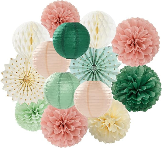 Sage Green Pink Beige Boho Party Decorations Streamers 14pcs Rustic