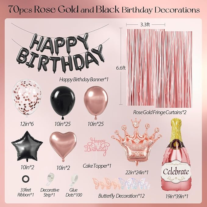 Rose Gold and Black Birthday Party Decorations with Happy Birthday