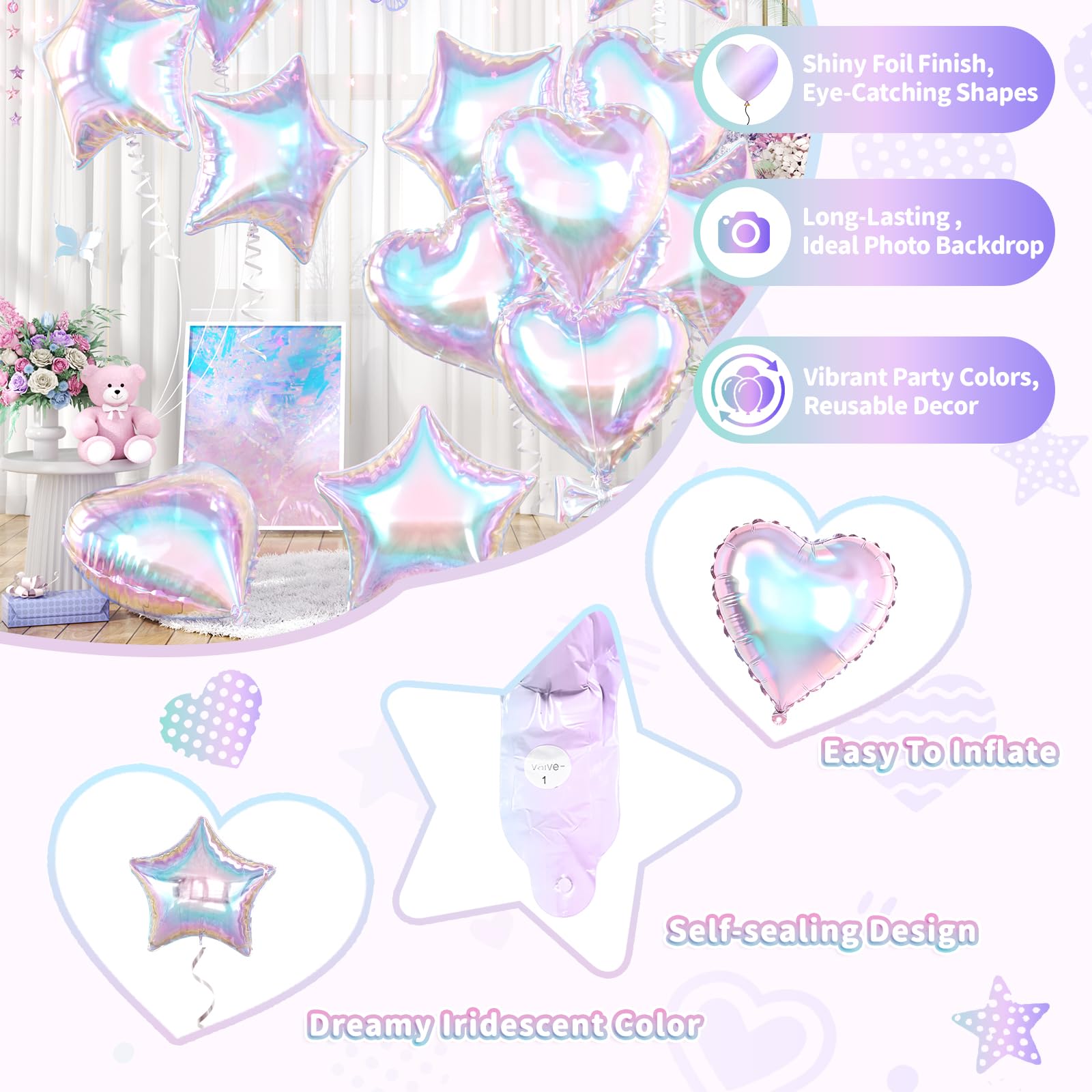 Iridescent Heart Balloons, 12PCS Holographic Clear Star Balloons, 18