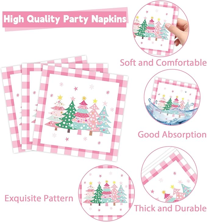 96Pcs Pink Christmas Trees Paper Plates and Napkins Xmas Watercolor