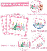 96Pcs Pink Christmas Trees Paper Plates and Napkins Xmas Watercolor