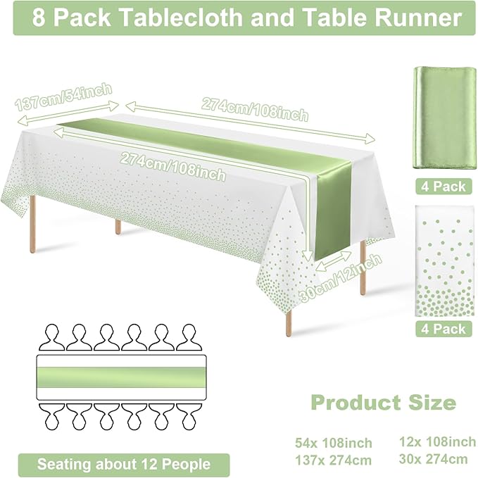 8Pack Plastic Tablecloths and Satin Table Runner Set Disposable White