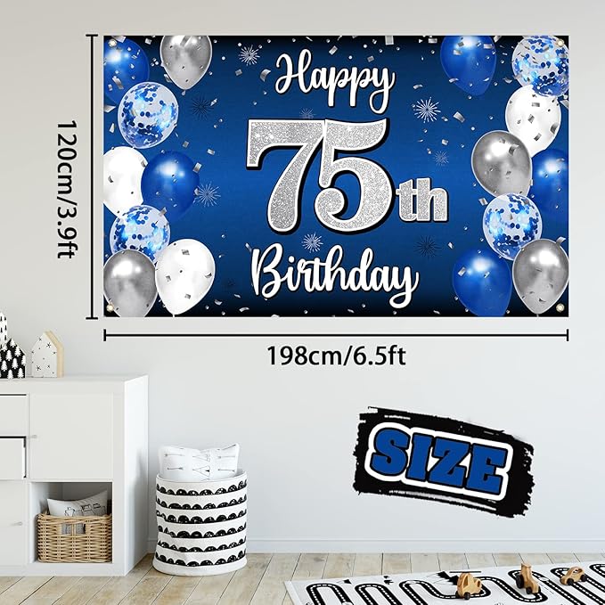 Happy 75th Birthday Decorations 75th Blue & Silver Balloon Large