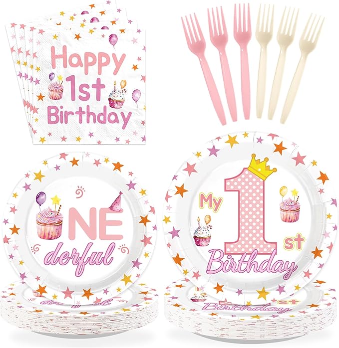 96 Pcs Pink First Birthday Party Decorations Sweet One Happy 1st