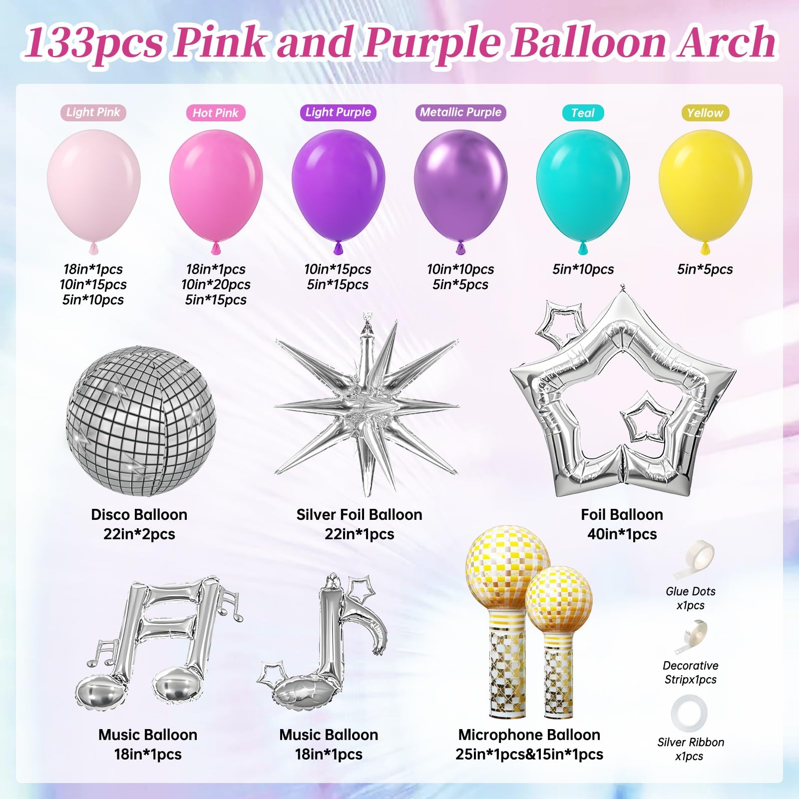 133pcs Pink and Purple Balloon Arch Kit, Light Pink Hot Pink Purple