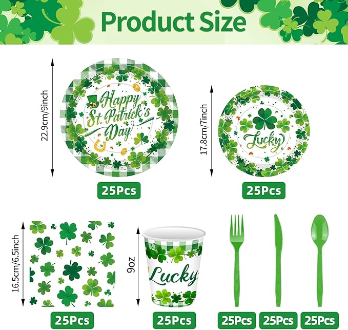 175 Pcs St Patrick's Day Tableware Set Serves 25 Green Lucky