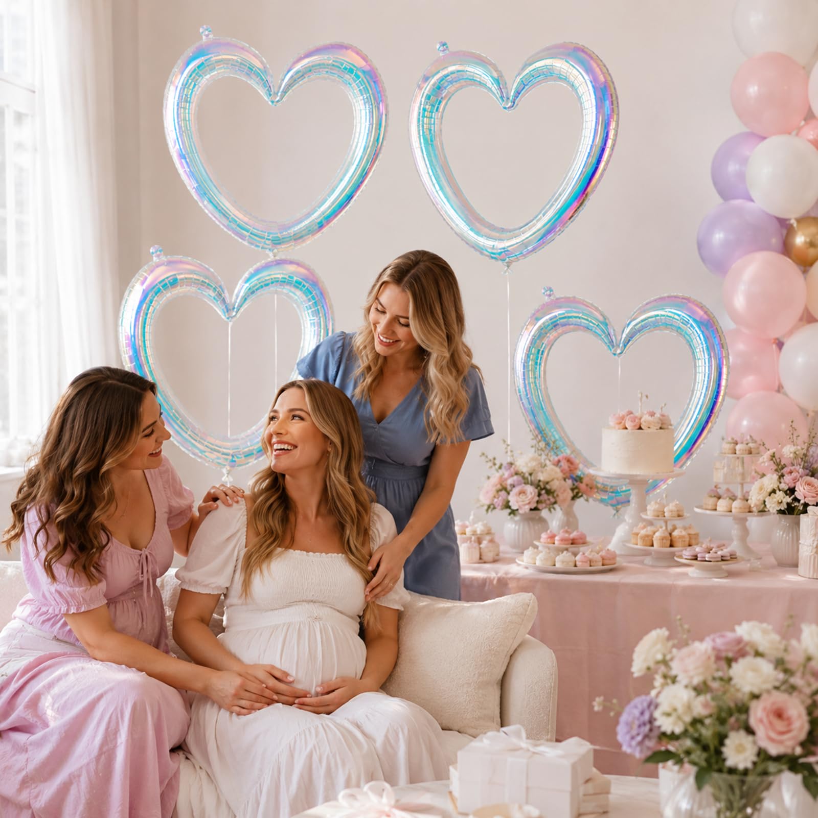 Iridescent Hollow Heart Balloons, 4 Pcs 40 Inch Clear Rainbow