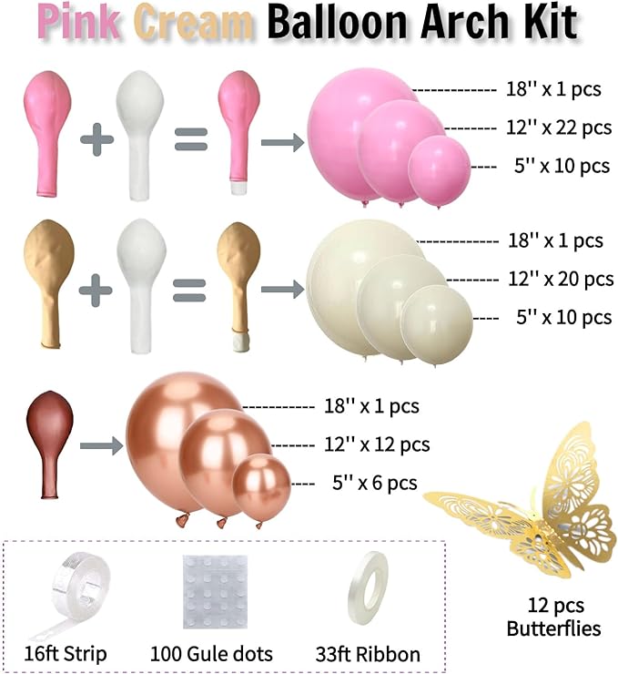 Pink Ivory Rose Gold Balloon Arch Kit Double Stuffed Light Pink