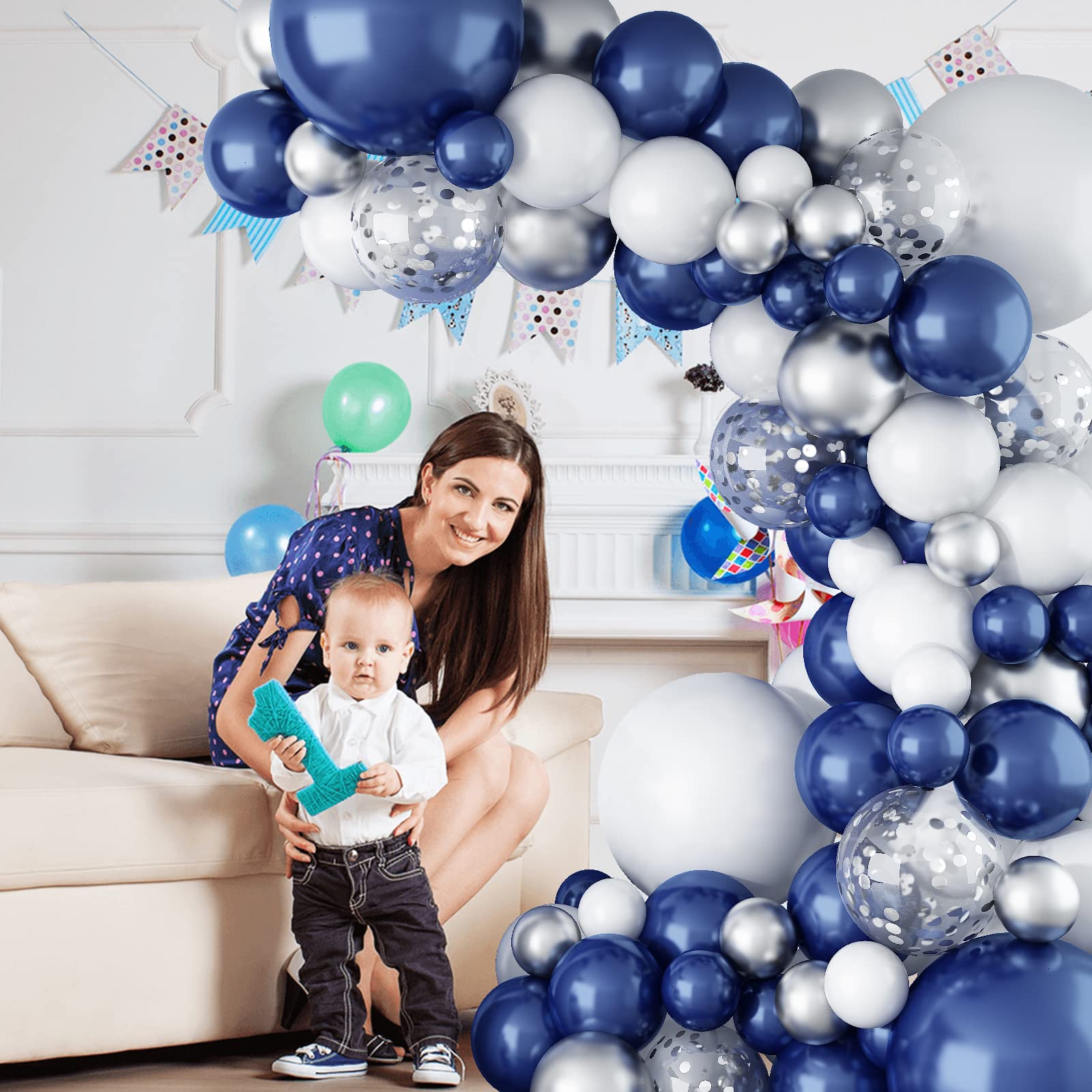 144PCS Navy Blue Silver Balloons Garland Kit, 18 12 10 5 inch Blue