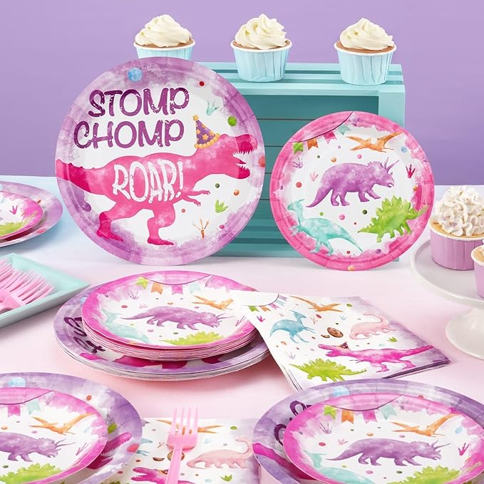 Girl Dinosaur Party Decorations 64 PCS Dinosaur Plates Napkins and
