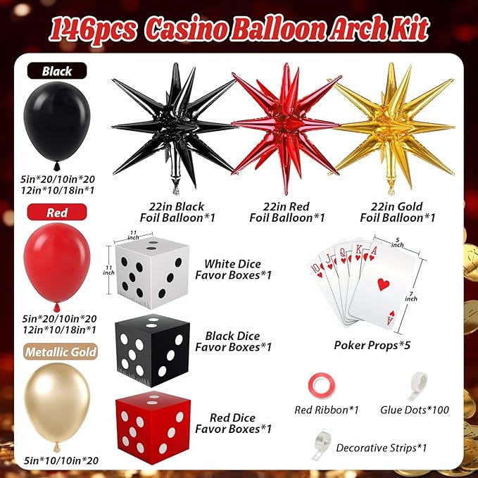 Casino Balloon Arch Garland Kit with Red Black and Gold Balloons