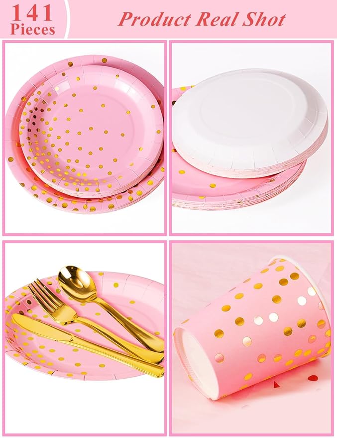Nkaiso 141 Pieces Pink and Gold Party Supplies, Disposable Party