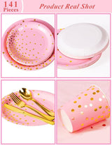 Nkaiso 141 Pieces Pink and Gold Party Supplies, Disposable Party
