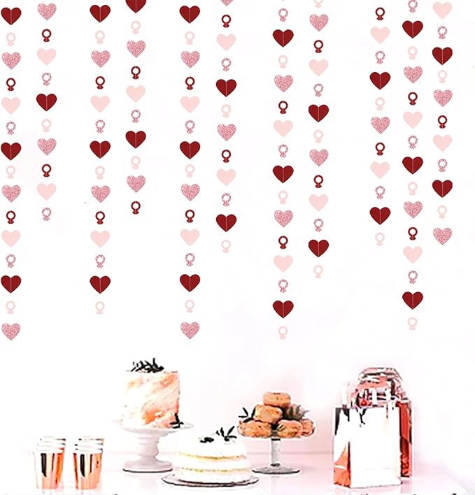 Rose-Gold Pink Burgundy-Red Heart-Ring Garland - 52Ft Engagement