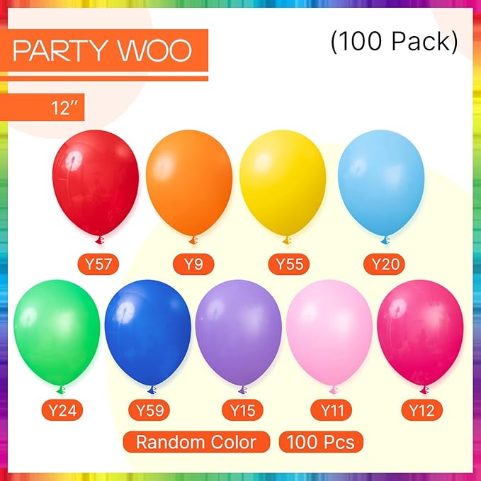 PartyWoo Assorted Colors Rainbow Balloons 100pcs 12 Inch Multicolor