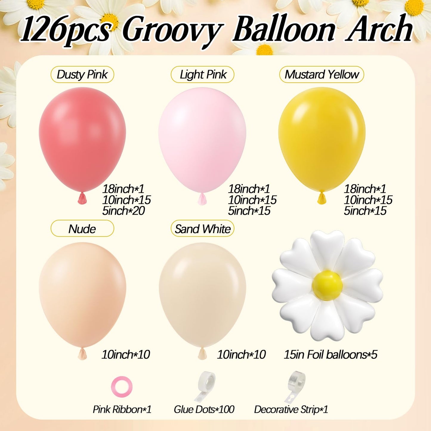 Groovy Daisy Balloon Arch, Boho Balloon Arch Kit with Dusty Pink Light