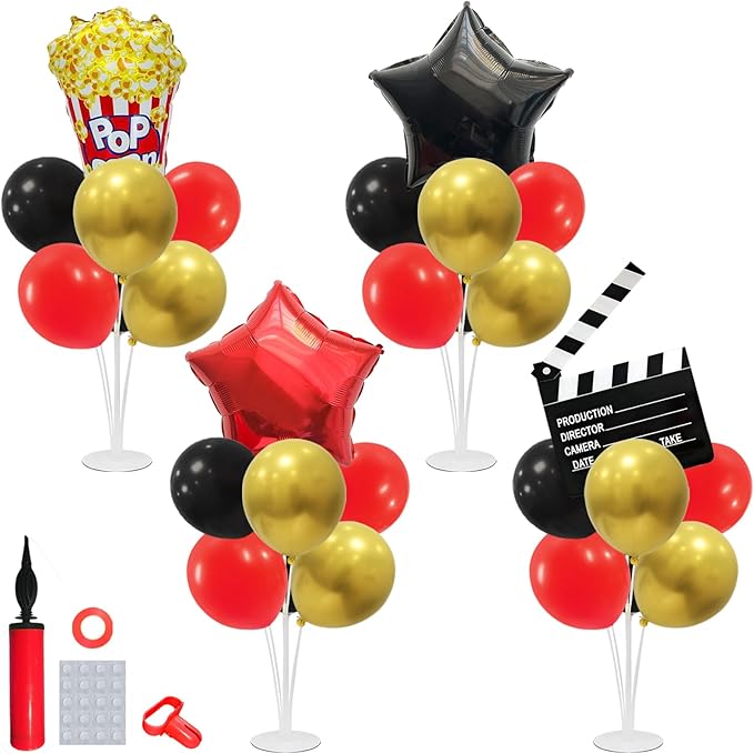 Movie Night Balloon Stand Set Red Gold Black Balloons for Film Party