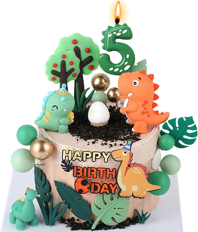 Dinosaur Cake Decorations Set with Dinosaur Leaves Grasses
