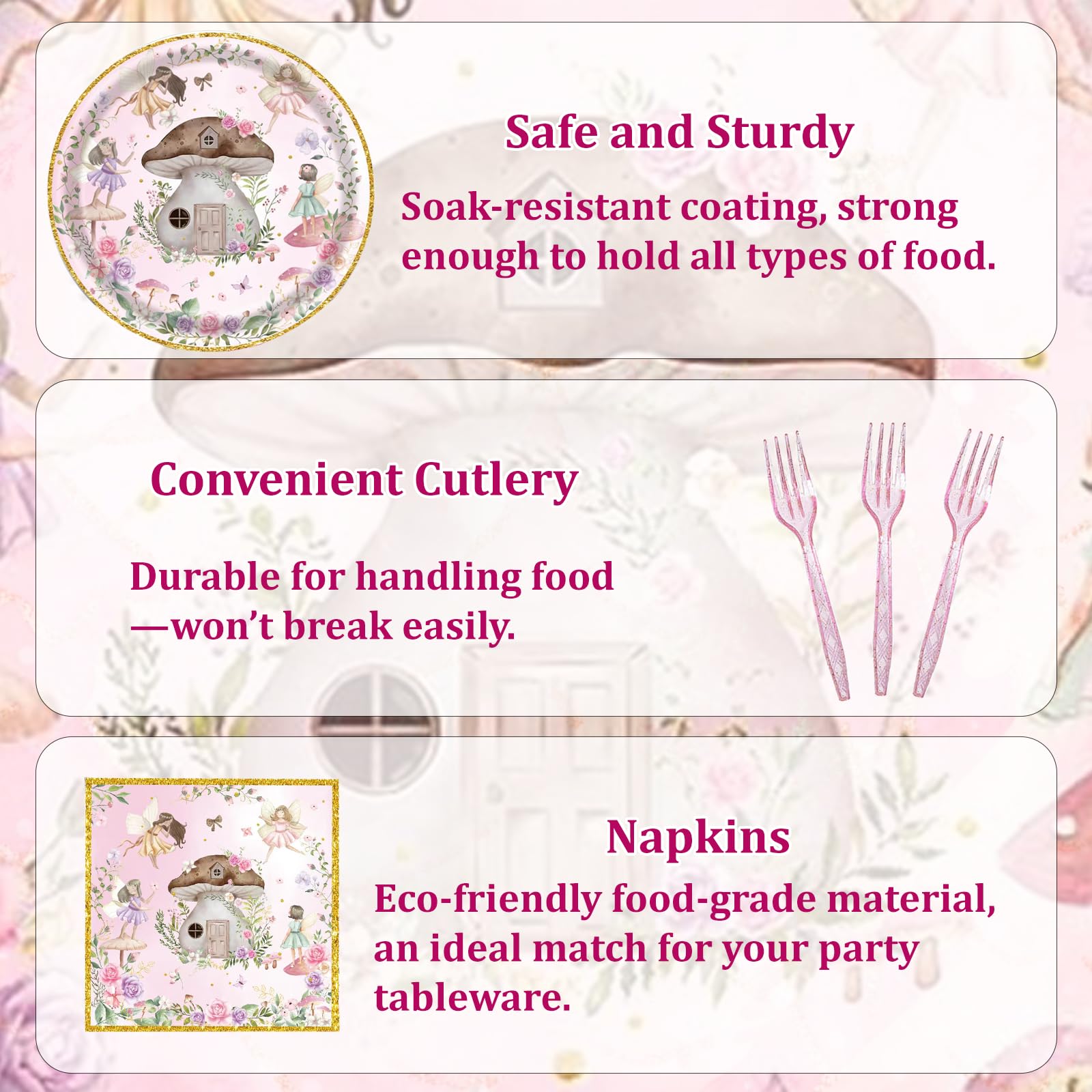 192 Pcs Fairy Party Tableware Set (Serves 48 Guests), Plates, Napkins