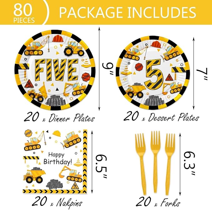178 Pcs Construction 5th Birthday Party Supplies Dump Truck Five