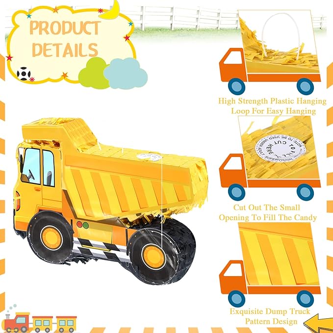 Construction Dump Truck Piñata with Blindfold and Bat Party Decor