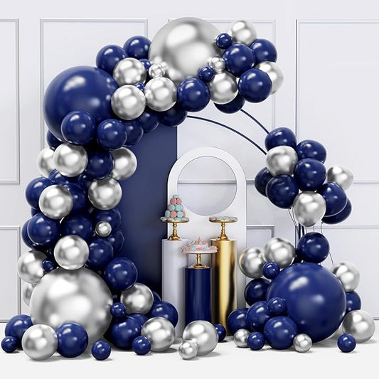 Blue and Silver Balloons Arch Garland Kit, 134pcs Navy Blue and