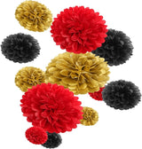Red Black Gold Party Decorations Tissue Pom Poms 12pcs Game Night