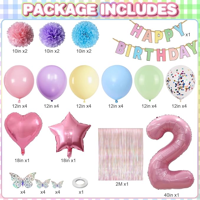 Pastel 2nd Birthday Party Decorations for Girls Number 2 Balloon