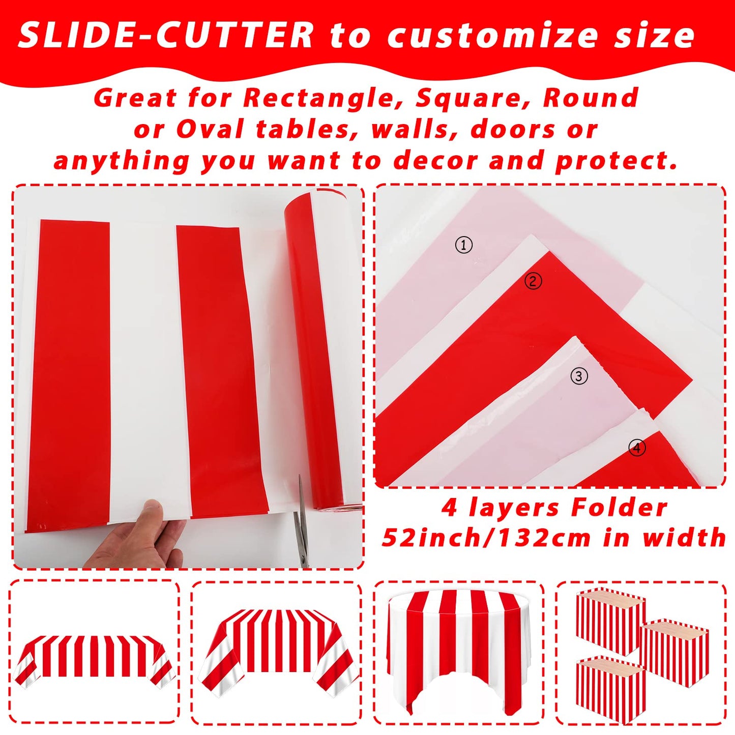 100Ft Long Tablecloth Roll Red and White Striped Tablecloth Carnival