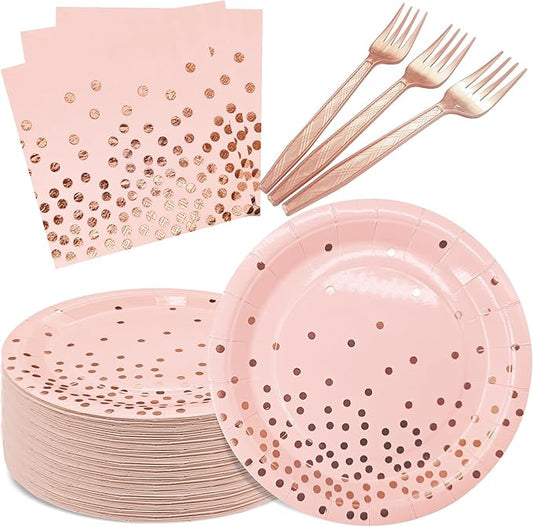 Serve 35 Guests Pink and Rose Gold Plates and Napkins Party