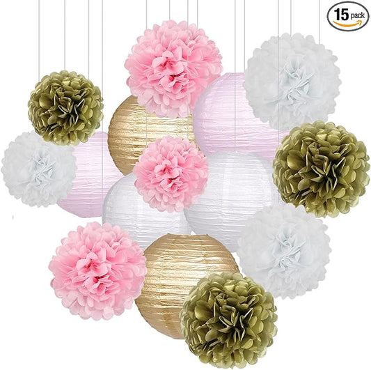 Pink and Gold Party Decorations, Pink Gold Paper Lanterns and Pom